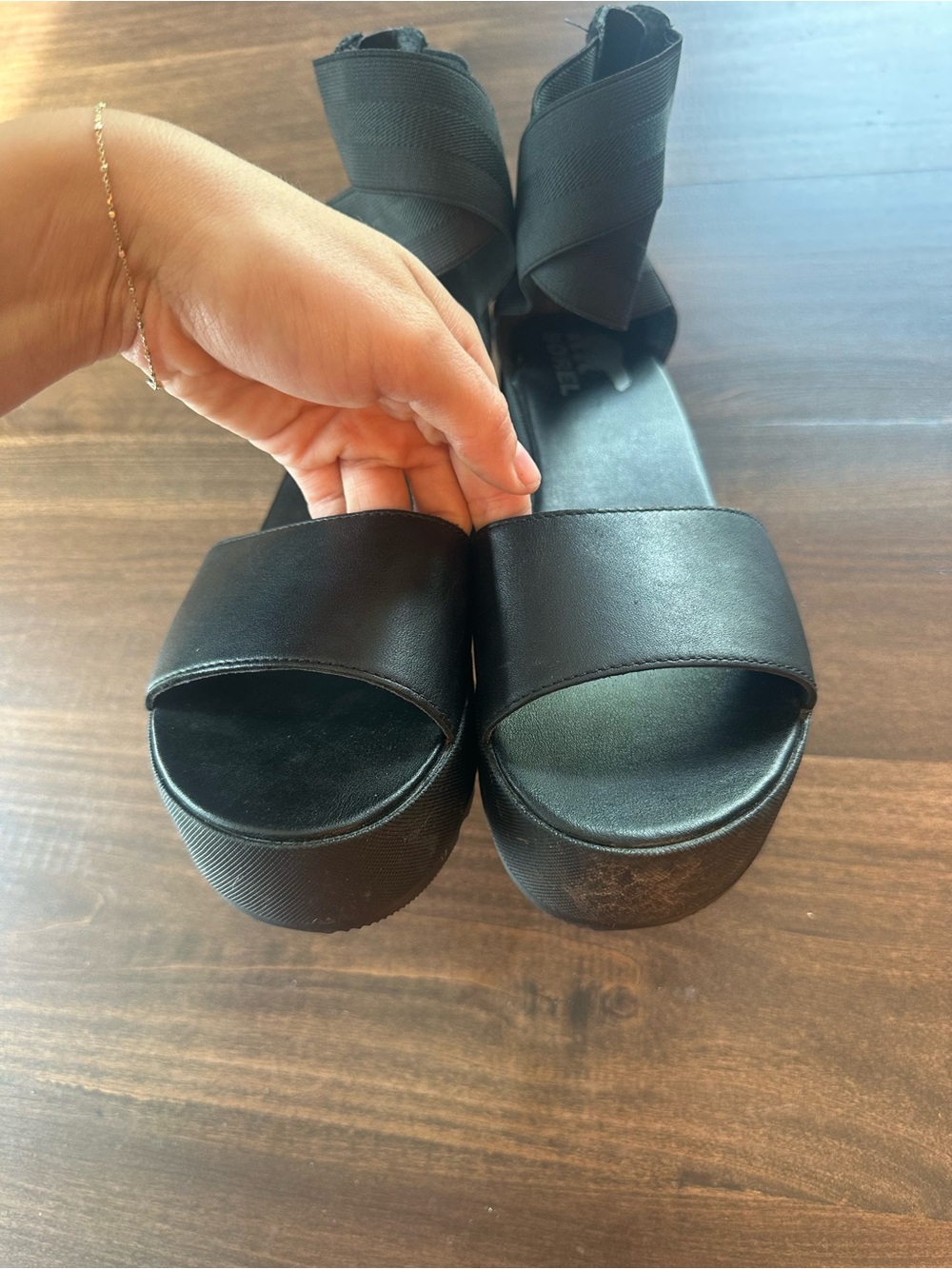 Sorel Black Platform Wedge Sandals with Elastic Ankle Straps - Picture 3 of 6